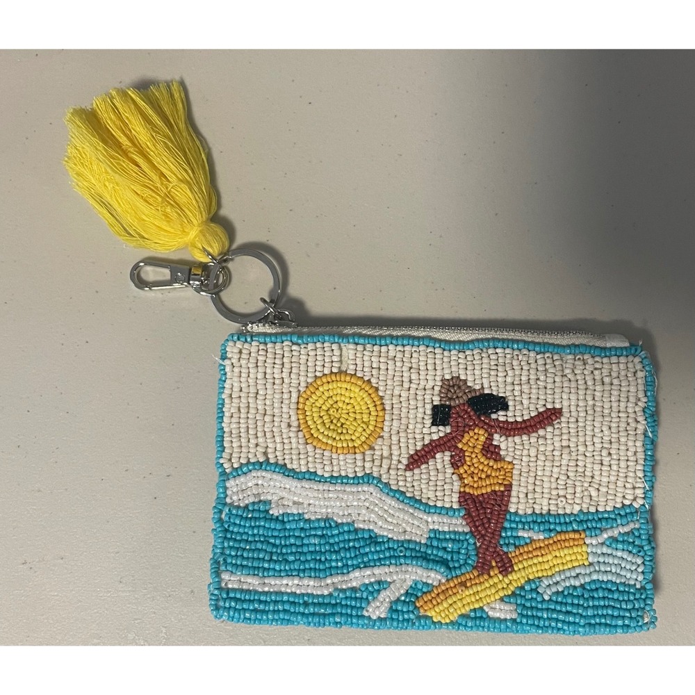 SOL MER Beaded Surfer Girl Coin Purse Yellow Tassel Beach Wave Zipper Pouch